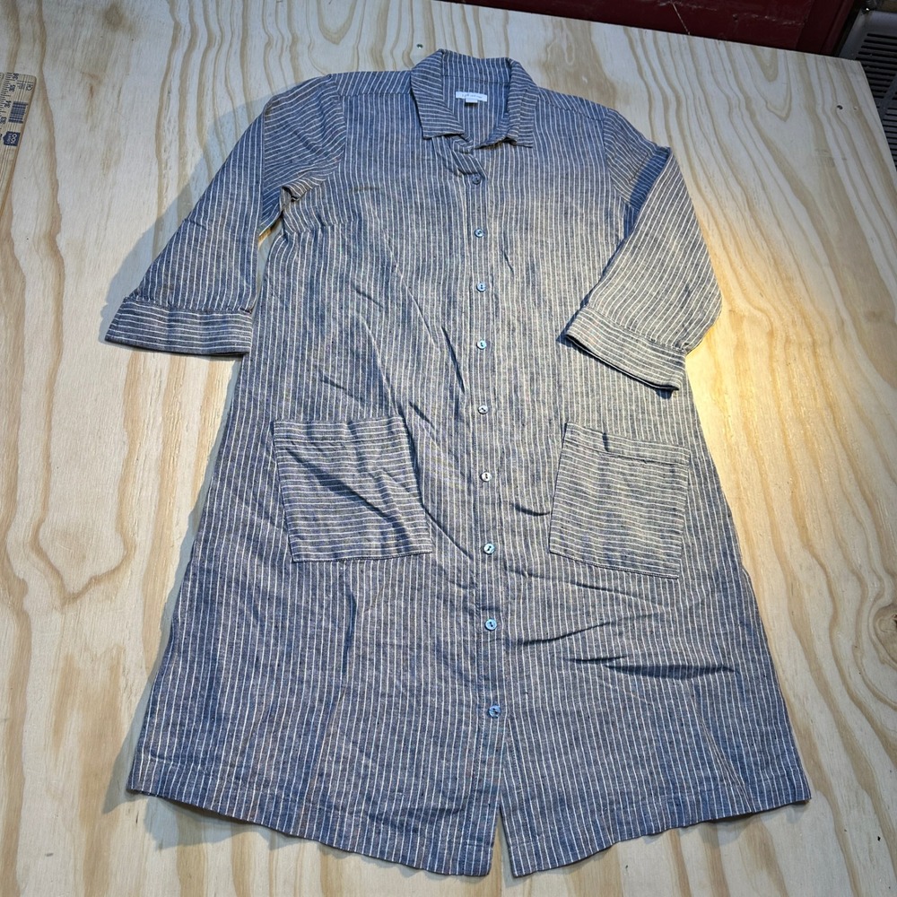 J. Jill Love Linen Striped Button Front Shirt Dress Blue White XS